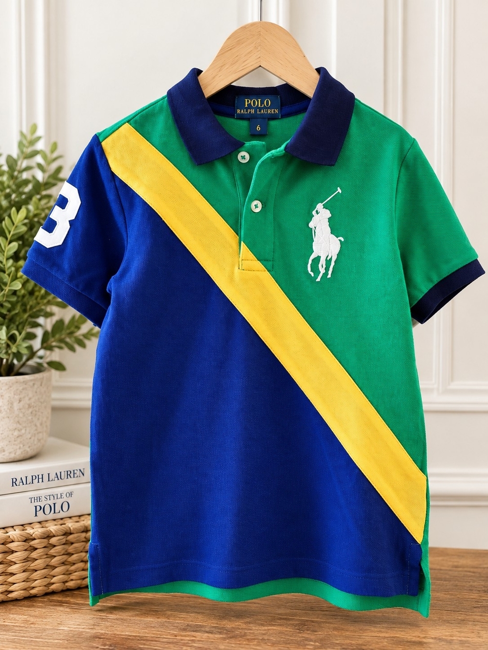 Polo Ralph Lauren Boys Size 6 Big Pony Colorblock Polo Shirt Green Blue Yellow